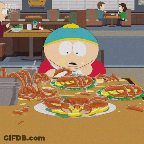 A Cartoon Character From South Park Is Sitting At A Table Eating A Crab Sandwich GIF