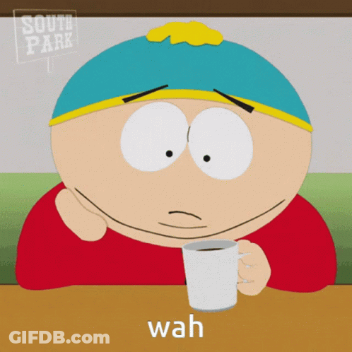 A Cartoon Character From South Park Is Sitting At A Table With A Cup Of Coffee GIF