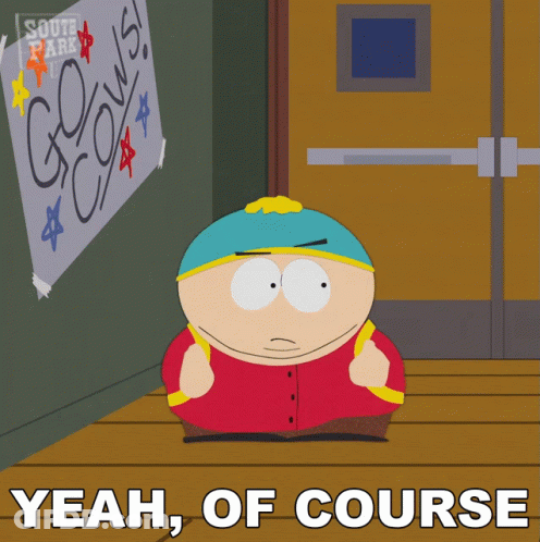 A Cartoon Character From South Park Is Sitting In Front Of A Sign That Says " Go Cows " GIF