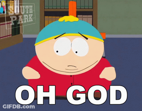 A Cartoon Character From South Park Is Sitting In Front Of A Sign That Says Oh God GIF