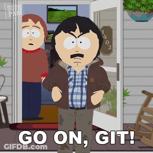 A Cartoon Character From South Park Is Standing In Front Of A Door And Says Go On Git GIF