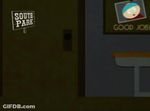 A Cartoon Character From South Park Is Standing In Front Of A Sign That Says `` Hello ? '' GIF