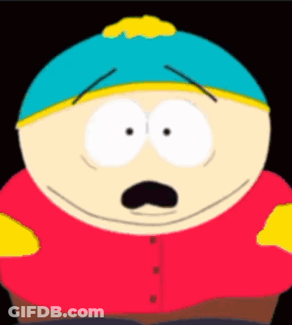 A Cartoon Character From South Park Is Wearing A Red Shirt And A Blue Hat . GIF