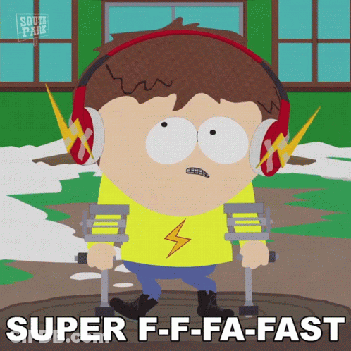 A Cartoon Character From South Park Is Wearing Headphones And Crutches And Says Super F-F-Fa-Fast GIF