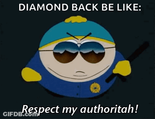 A Cartoon Character From South Park Says " Diamond Back Be Like Respect My Authorit Ah " GIF
