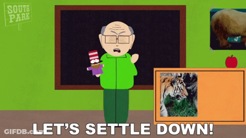A Cartoon Character From South Park Says Let 'S Settle Down While Holding A Stuffed Animal GIF