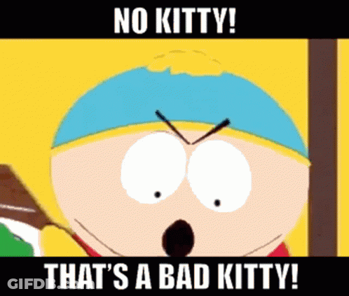 A Cartoon Character From South Park Says No Kitty That 'S A Bad Kitty ! GIF