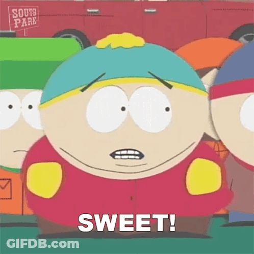 A Cartoon Character From South Park Says Sweet While Standing Next To Two Other Characters . GIF