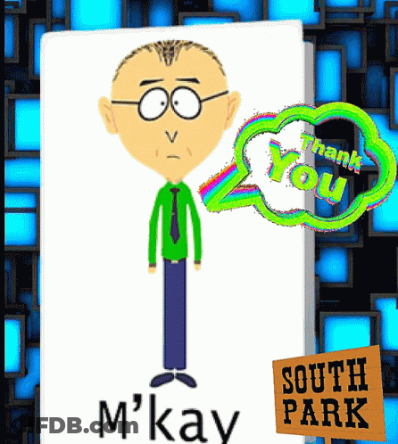 A Cartoon Character From South Park Says " Thank You " In A Speech Bubble GIF