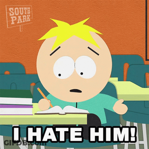 A Cartoon Character From South Park Sits At A Desk Writing In A Notebook And Says I Hate Him GIF