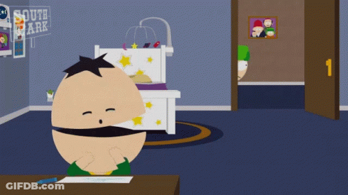 A Cartoon Character From South Park Sits At A Table GIF