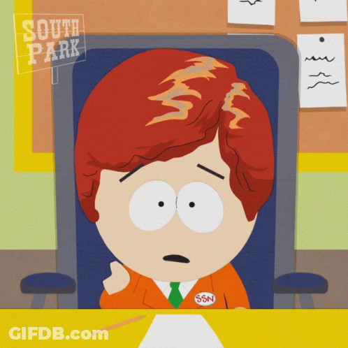 A Cartoon Character From South Park Sits At A Table GIF