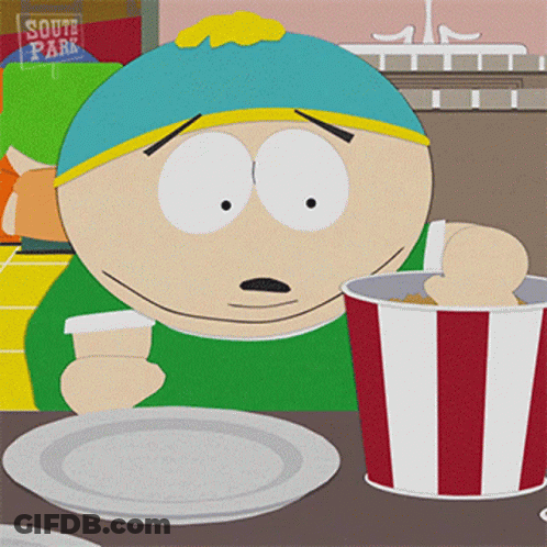 A Cartoon Character From South Park Sits At A Table With A Plate And A Bucket Of Kfc GIF