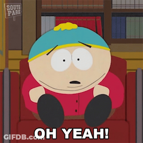 A Cartoon Character From South Park Sits In A Chair And Says " Oh Yeah " GIF