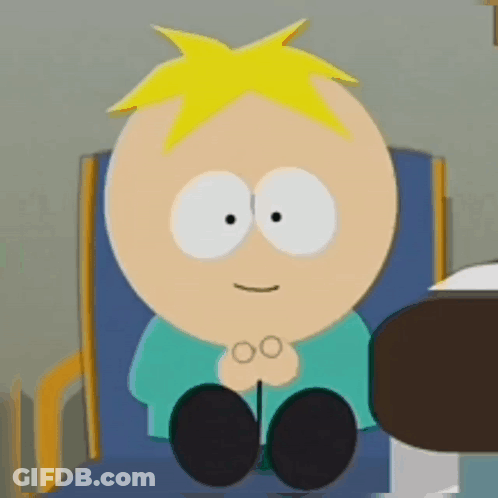A Cartoon Character From South Park Sits In A Chair With His Hands Folded GIF