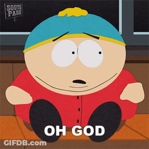 A Cartoon Character From South Park Sits On A Wooden Bench And Says Oh God GIF