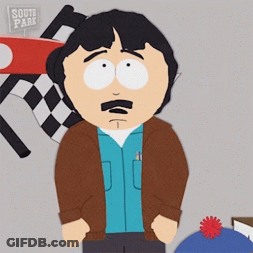 A Cartoon Character From South Park Stands In Front Of A Race Flag GIF