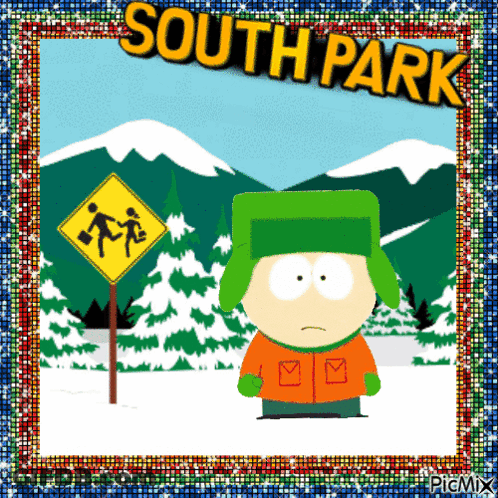 A Cartoon Character From South Park Stands In Front Of A Snowy Mountain GIF