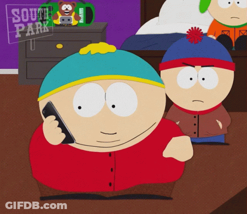 A Cartoon Character From South Park Talking On A Cell Phone GIF