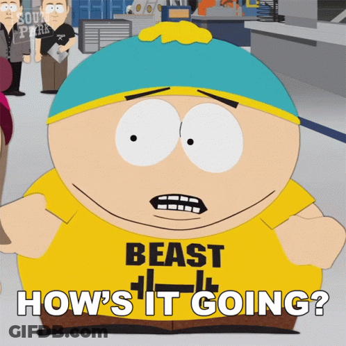 A Cartoon Character From South Park Wearing A Yellow Shirt That Says Beast How 'S It Going GIF