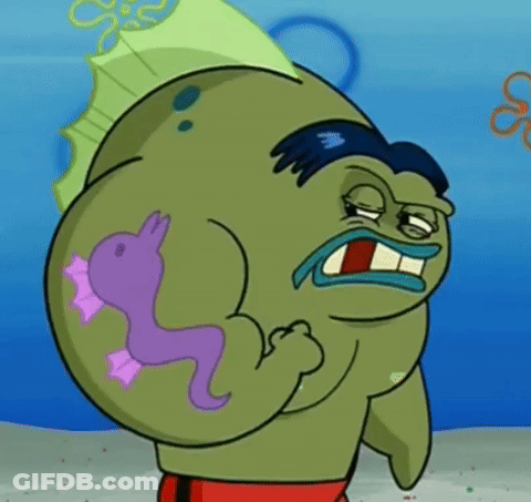 A Cartoon Character From Spongebob Squarepants Has A Purple Seahorse Tattoo On His Back . GIF
