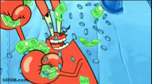 A Cartoon Character From Spongebob Squarepants Is Holding A Bunch Of Money And Coins . GIF