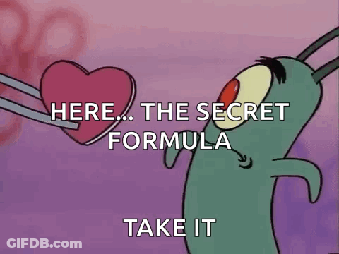 A Cartoon Character From Spongebob Squarepants Is Holding A Heart And Saying `` Here , The Secret Formula Take It '' . GIF