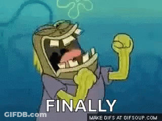 A Cartoon Character From Spongebob Squarepants Is Holding His Fist Up In The Air And Saying `` Finally '' . GIF