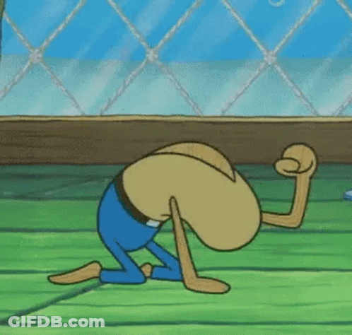 A Cartoon Character From Spongebob Squarepants Is Kneeling On The Floor With His Head Down . GIF