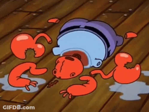 A Cartoon Character From Spongebob Squarepants Is Laying On His Back On A Wooden Floor With His Arms Broken . GIF