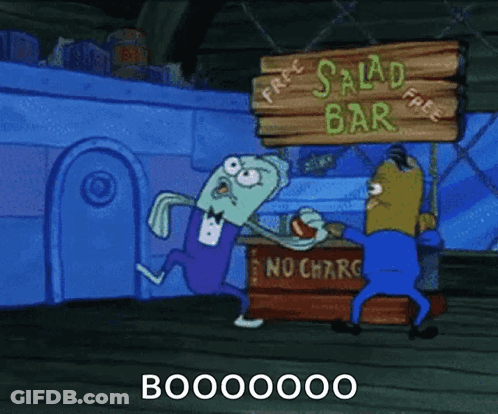 A Cartoon Character From Spongebob Squarepants Is Running To The Salad Bar GIF