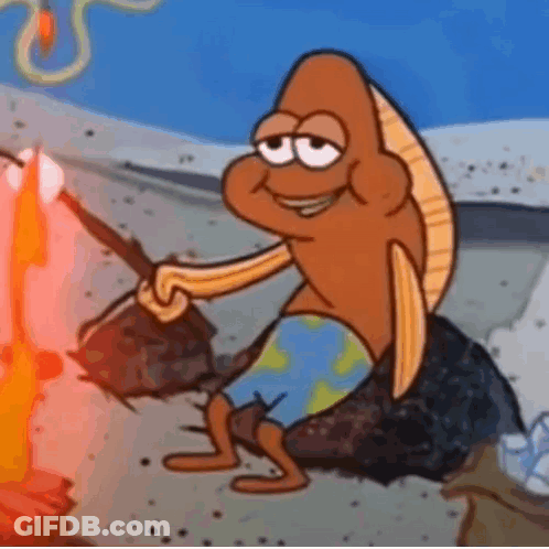 A Cartoon Character From Spongebob Squarepants Is Sitting On A Rock Near A Fire . GIF