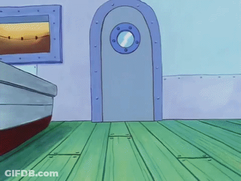 A Cartoon Character From Spongebob Squarepants Is Standing In A Doorway Holding A Crab Claw . GIF