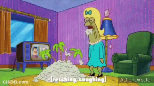 A Cartoon Character From Spongebob Squarepants Is Standing In A Living Room . GIF