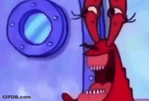 A Cartoon Character From Spongebob Squarepants Is Standing In Front Of A Blue Door With A Porthole . GIF