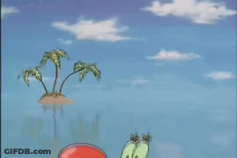 A Cartoon Character From Spongebob Squarepants Is Standing On A Beach Holding A Crab . GIF