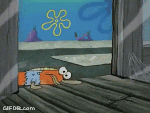 A Cartoon Character From Spongebob Squarepants Is Standing On A Wooden Floor Looking Out A Window . GIF