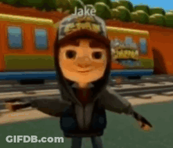 A Cartoon Character From Subway Surfers Is Standing In Front Of A Train . GIF