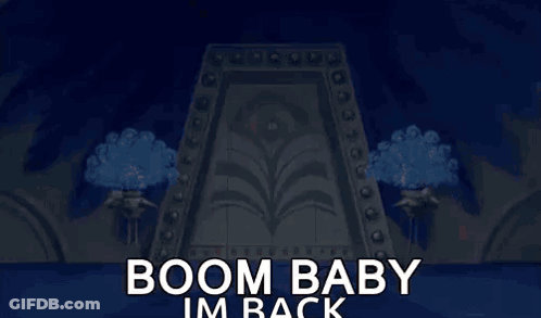 A Cartoon Character From The Emperor 'S New Groove Is Dancing In A Doorway With The Words Boom Baby Im Back . GIF