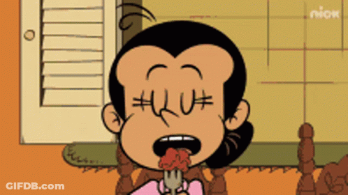 A Cartoon Character From The Loud House Is Eating A Piece Of Meat GIF