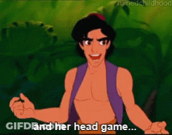 A Cartoon Character From The Movie Aladdin Says " And Her Head Game " GIF