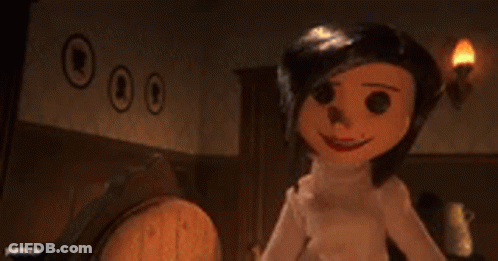 A Cartoon Character From The Movie Coraline Is Standing In A Room With A Clock . GIF