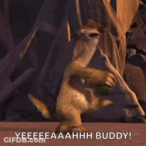 A Cartoon Character From The Movie Ice Age Is Dancing And Holding A Green Object In His Hand . GIF