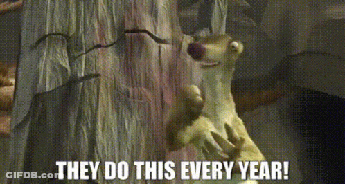 A Cartoon Character From The Movie Ice Age Is Holding Another Cartoon Character And Says They Do This Every Year . GIF