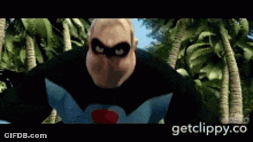 A Cartoon Character From The Movie Mr. Incredible Is Standing In Front Of Palm Trees .. GIF