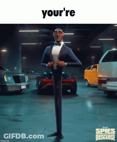A Cartoon Character From The Movie Spies In Disguise Is Standing In Front Of Cars GIF