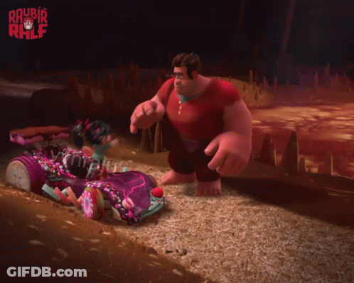 A Cartoon Character From The Movie Wreck It Ralph Is Kneeling Next To Another Character GIF