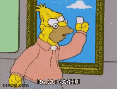 A Cartoon Character From The Simpsons Is Holding A Piece Of Paper In Front Of A Framed Picture And Saying " Radarrash " GIF