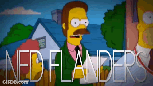A Cartoon Character From The Simpsons Is Holding A Piece Of Paper That Says Ned Flanders On It GIF