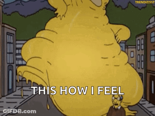 A Cartoon Character From The Simpsons Is Standing Next To A Giant Yellow Monster . GIF